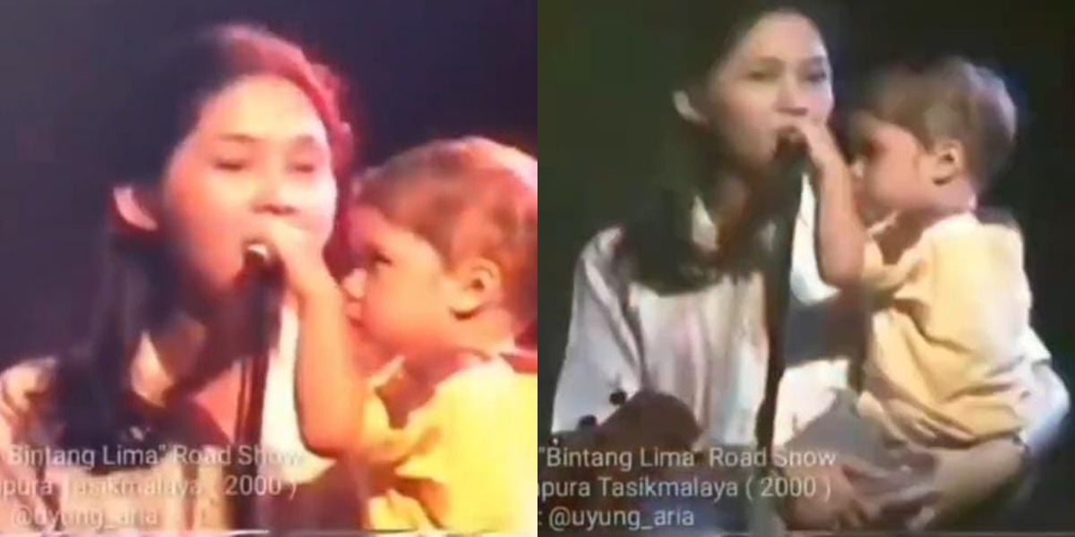 Old Portrait of Maia Estianty as Backing Vocal for Dewa 19, Early in Her Career - Singing While Carrying Little Al