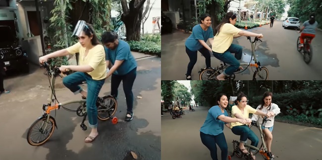 9 Portraits of Nagita Slavina Learning to Ride a 4-Wheel Bicycle, Even Being Afraid to Fall - Losing to the Child