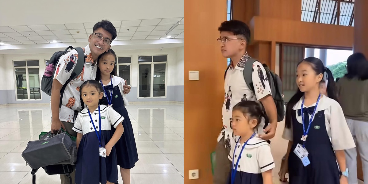 Portrait of Ruben Onsu Enthusiastically Taking Thalia and Thania to School