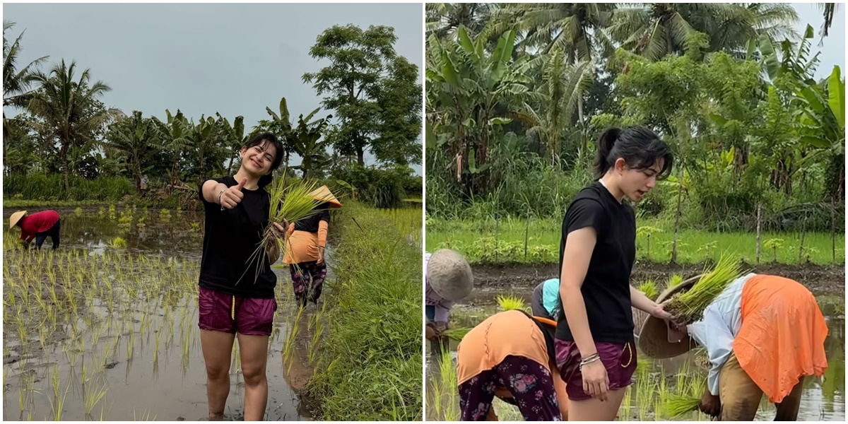 Portrait of Sintya Marisca Jumping into the Rice Field to Help Farmers Plant Rice