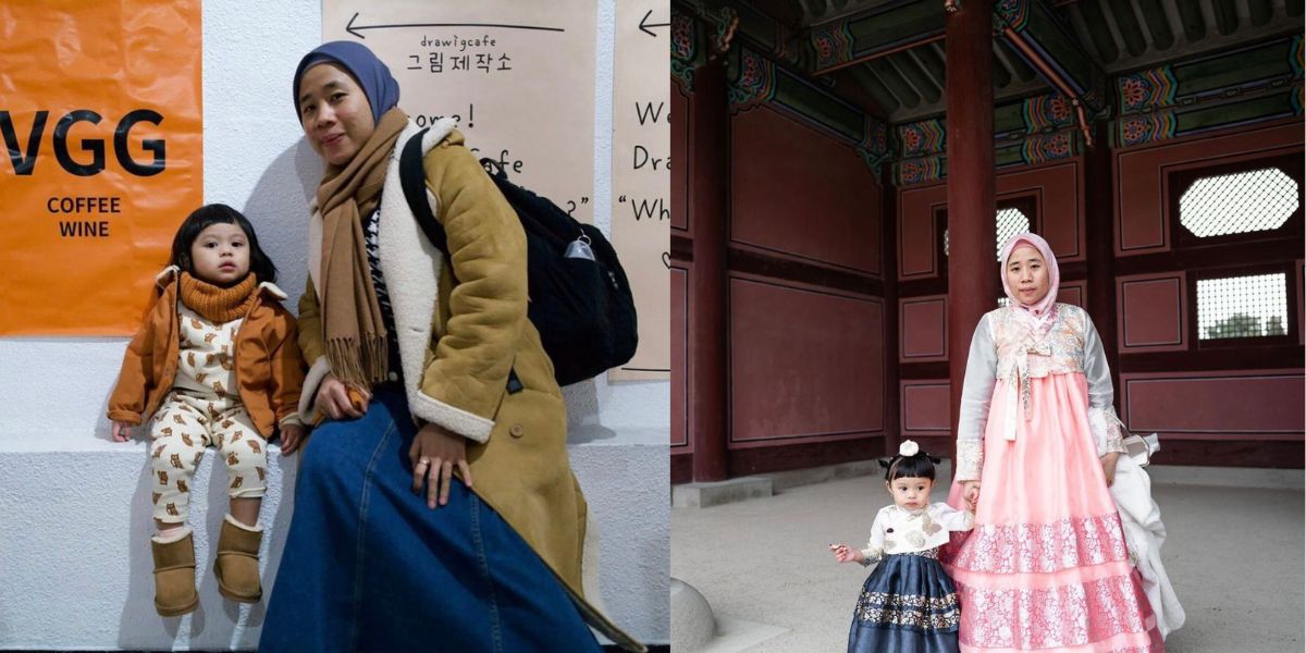 Portrait of Sus Iroh Accompanying Ameena, Atta and Aurelie Hermansyah's Children Walking in Korea, Kiyowo Wearing Pink Hanbok