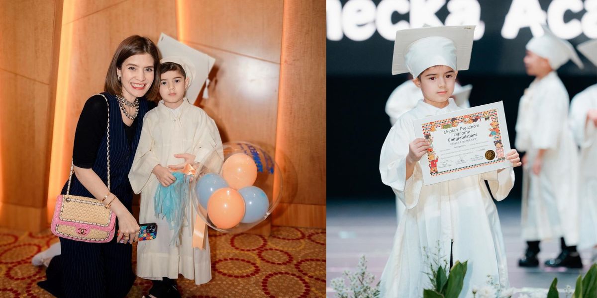 Portrait of Zenecka, Carissa Puteri's Handsome Son during Preschool Graduation, Looking Handsome in White Gown