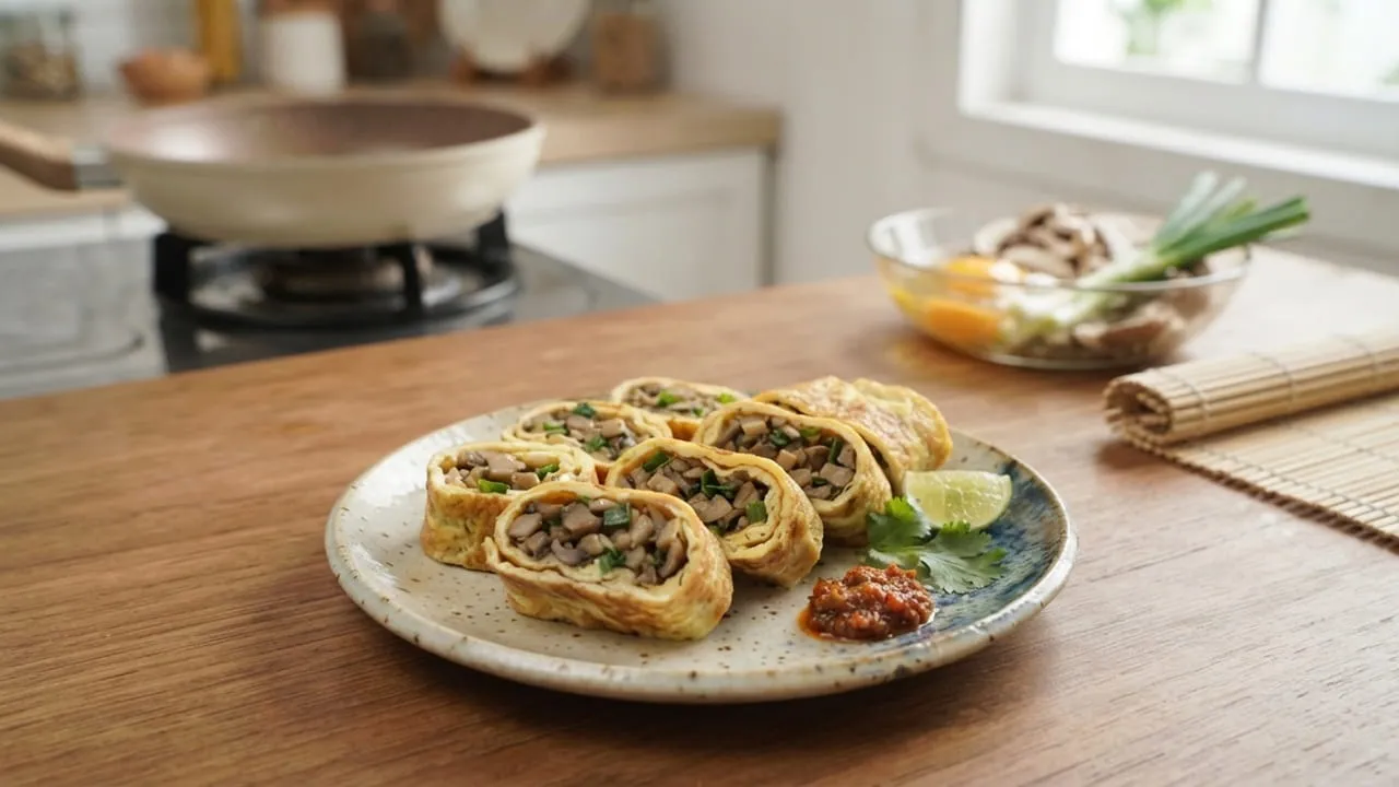 Mushroom and Green Onion Stuffed Rolled Eggs Recipe, Delicious and Practical