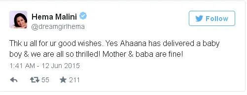 Hema Malini sangat bahagia dengan kelahiran sang cucu @twitter.com/dreamgirlhema