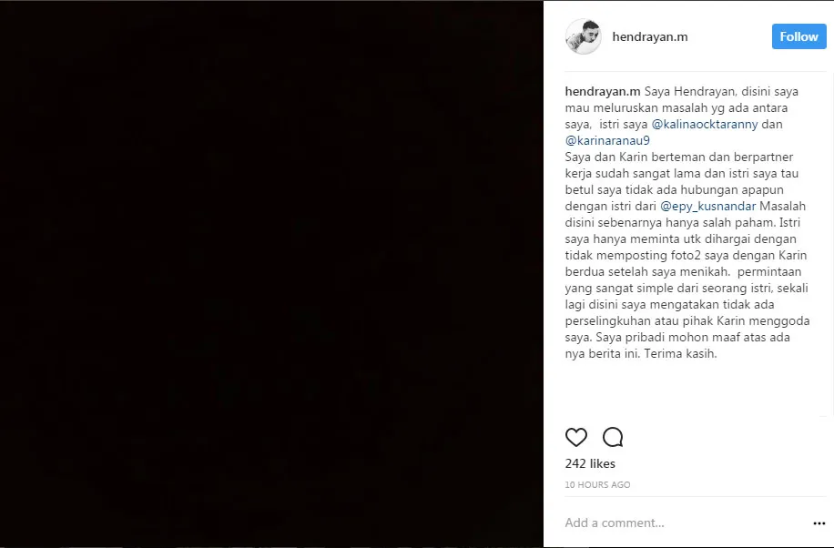 Hendrayan menjelaskan seperti apa sebenarnya kejadian soal permasalahan Kalina dengan Karina Ranau. © Instagram/hendrayan.m