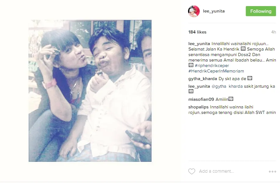 Yunita berdoa untuk Hendrik Ceper ©instagram/lee_yunita
