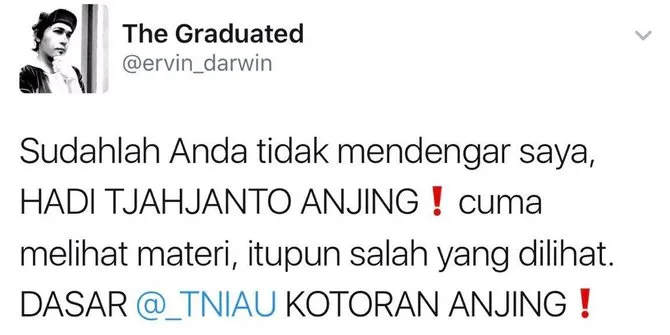 Cuitan seorang pengguna twitter yang berujung didatangi langsung oleh aparat keamanan © twitter.com/_TNIAU