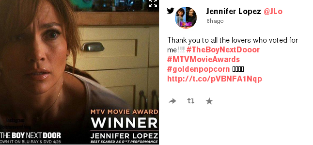 Jennifer Lopez sabet Best Scared-as-sh**t-Performance kalahkan Annabelle Wallis/©mtv.com