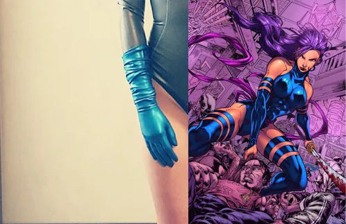 Kostum asli Psylocke (kiri) dengan versi komik/©Official Instagram Olivia Munn - ©DC Comic