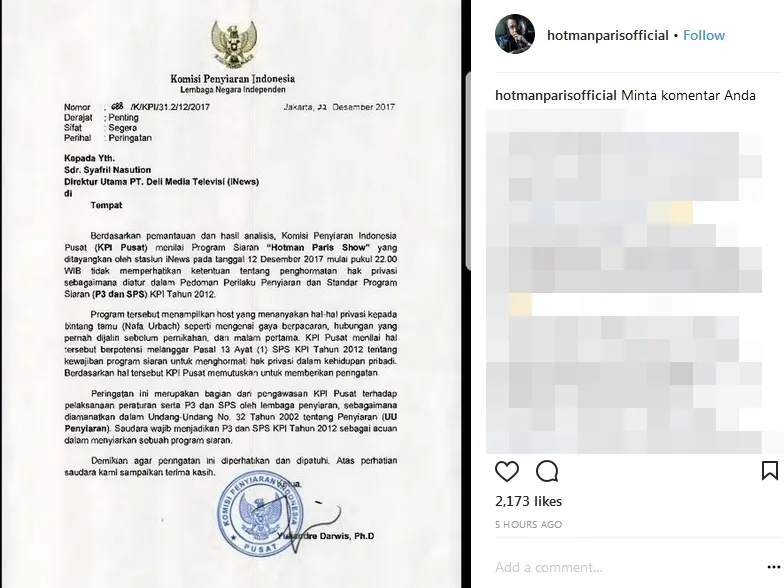 Hotman Paris Show dapat peringatan dari KPI @instagram/hotmanparisofficial