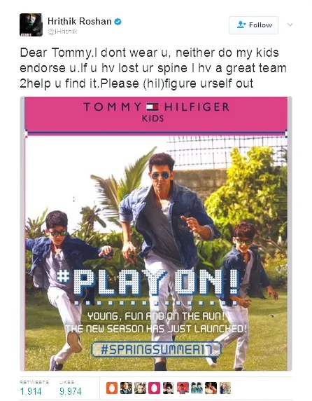 Hrithik keberatan fotonya jadi bahan iklan Tommy Hilfigher tanpa izin ©twitter/ihrithik