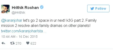 Ini dia keinginan unik Hrithik pada Karan Johar © Twitter.com/iHrithik