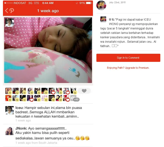 Screen capture postingan Iceu Wong seminggu yang lalu © Ussy Sulistiawaty/path