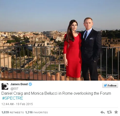Daniel Craig dan Monica Bellucci di set film SPECTRE, Roma/©twitter.com/007
