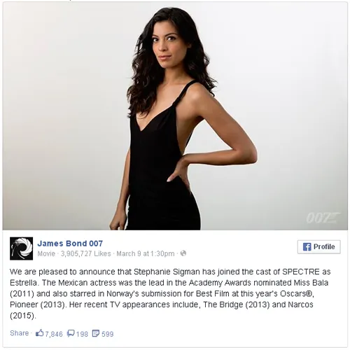 Stephanie Sigman resmi bergabung dalam SPECTRE/© Official Facebook James Bond 007