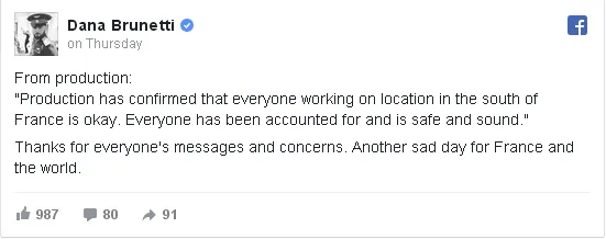 Produser Dana Brunetti mengabarkan kondisi timnya setelah Nice Terror Attack/©facebook.com/danabrunetti