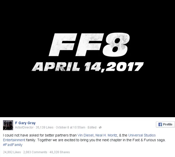 Sutradara baru FNF 8 umumkan kabar bahagia ini/©facebook.com/F. Gary Gray