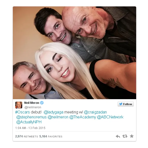 Lady Gaga akan manggung di Oscar 2015/©twitter.com/neilmeron