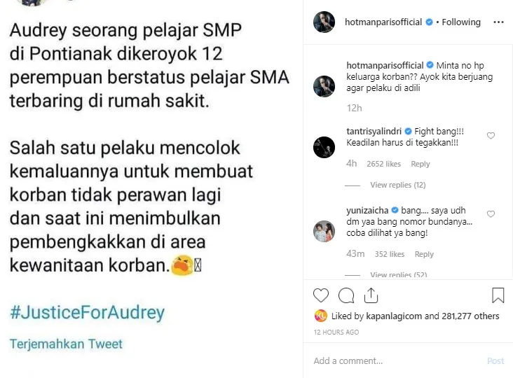 Komentar Hotman Paris. (credit: Instagram.com/hotmanparisofficial)