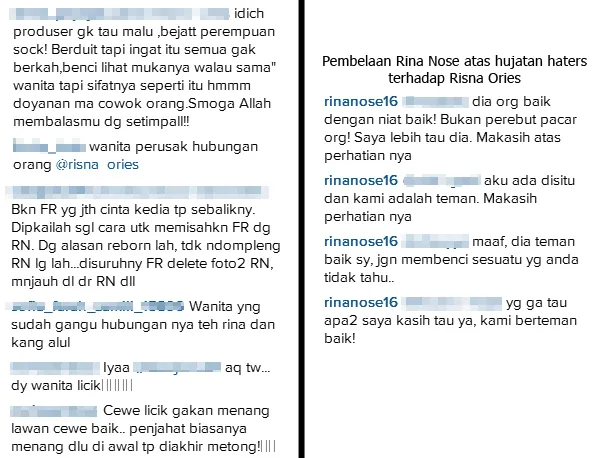 Hujatan haters terhadap Risna dan pembelaan Rina/©Istimewa