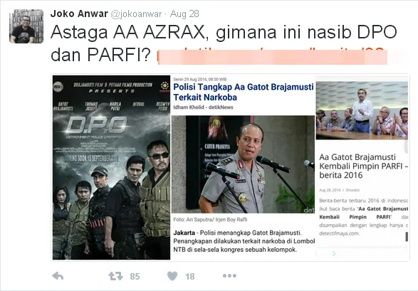 Joko sempat me-retweet berita yang berkaitan dengan penangkapan Gatot/©twitter.com/jokoanwar