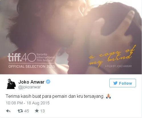 Kebahagiaan Joko Anwar ketika filmnya tembus TIFF/©Official Twitter Joko Anwar