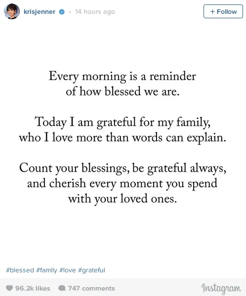 Kris ingatkan agar tak lupa bersyukur atas berkat dalam keluarga/©instagram.com/krisjenner
