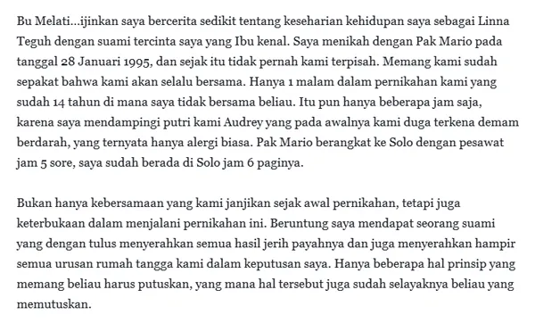 Kesetiaan Linna kepada Mario Teguh/©©facebook.com/marioteguh