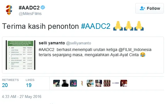 Miles Films ucapkan terima kasih kepada para penonton setia AADC/©twitter.com/milesfilms