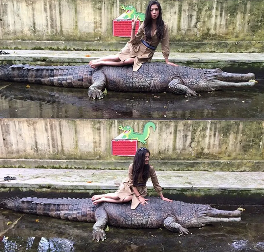 Raline Shah menaiki punggung si buaya besar ini/©instagram.com/raline_shah
