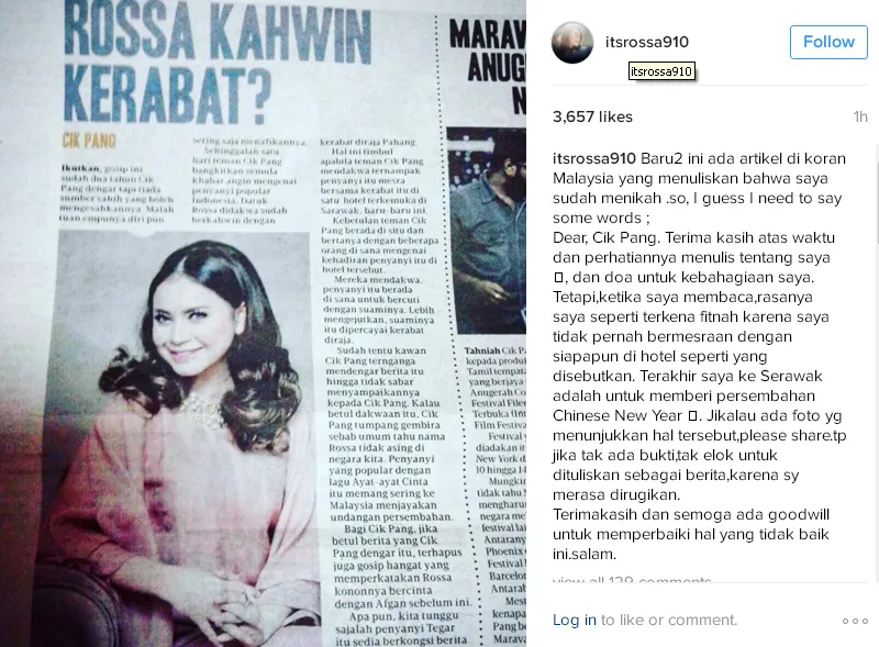 Rossa diberitakan miring oleh tabloid Malaysia/©instagram.com/itsrossa91