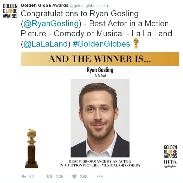 Ryan Gosling menang atas aktingnya di La La Land/©twitter.com/goldenglobes