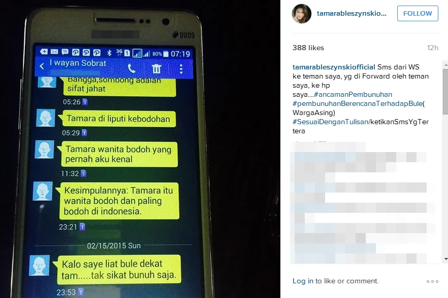 SMS bernada ancaman kepada Tamara oleh terduga WS/©instagram.com/tamarableszynskiofficial