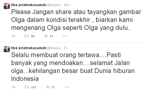Ucapan bela sungkawa Tike Priatnakusumah kepada Olga Syahputra/©twitter.com/Tike Priatnakusumah