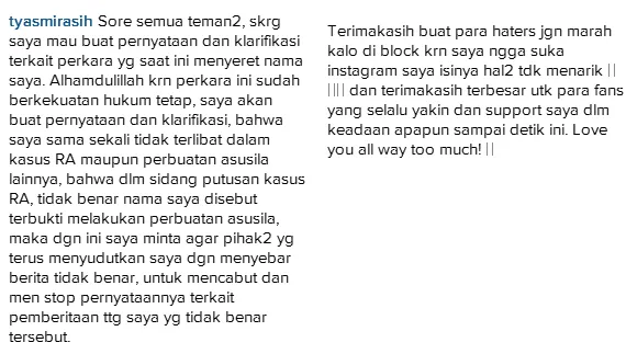 Tyas klarifikasi jika dirinya tak terlibat dalam kasus prostitusi RA/©instagram.com/tyasmirasih