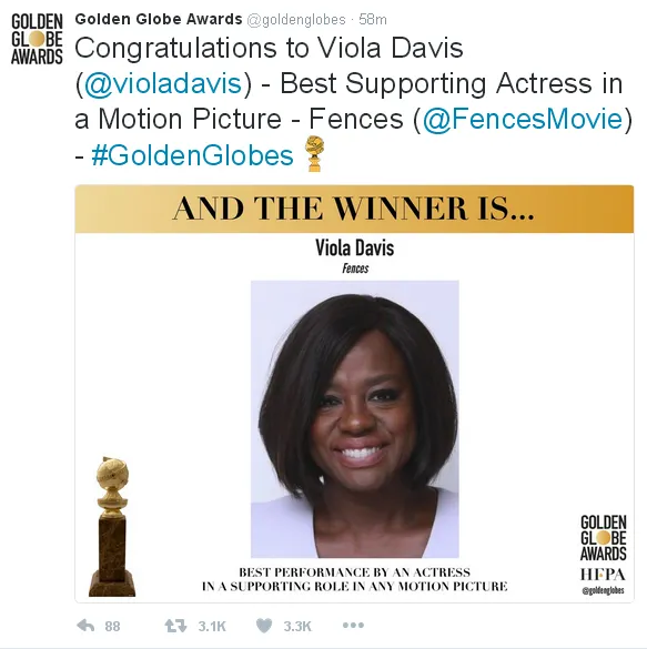 Viola sabet trofi pertamanya di GG 2017/©twitter.com/goldenglobes