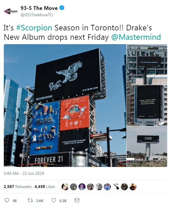 Sejumlah iklan untuk mempromosikan album 'Scorpion' mulai bermunculan di Toronto © twitter.com/935TheMoveTO