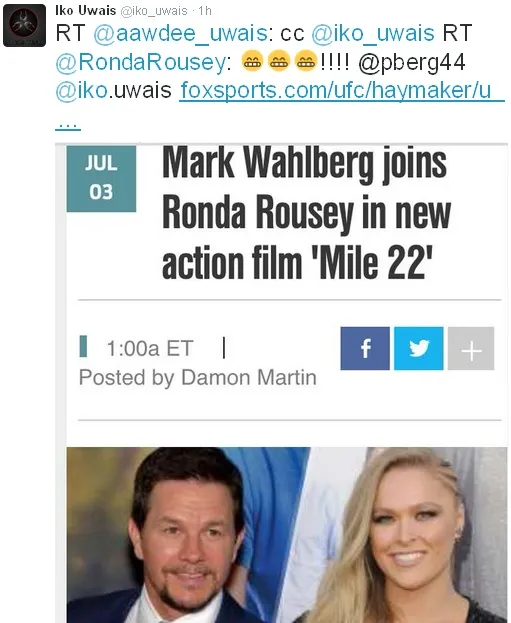 Iko me-retweet berita keikutsertaan Mark Wahlberg dalam MILES 22 © Twitter