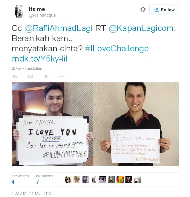 Raffi ditantang seorang untuk melakukan #ILoveChallenge / © Twitter