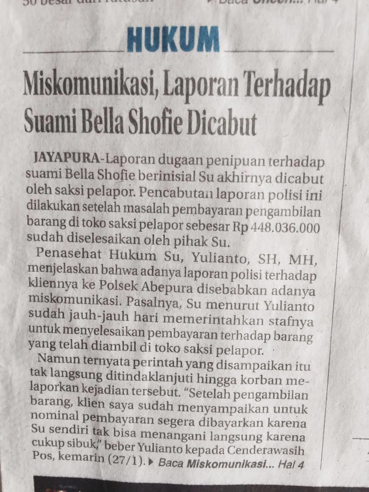 Berita lanjutan terkait dugaan penipuan Suryono dan penyelesaian. ©Cenderawasih Pos