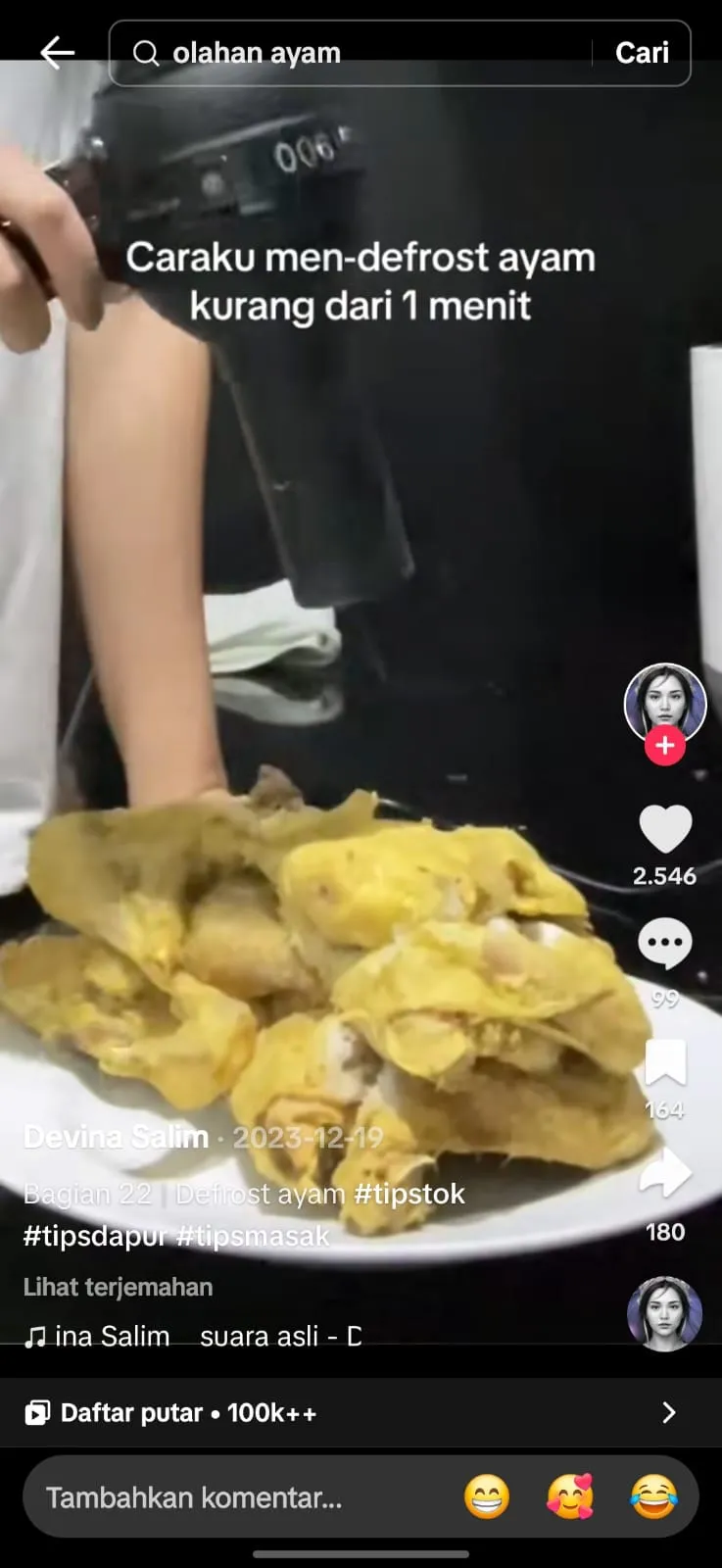 Cara Mencairkan Ayam Beku (Credit: Tiktok/@devinasalim13)