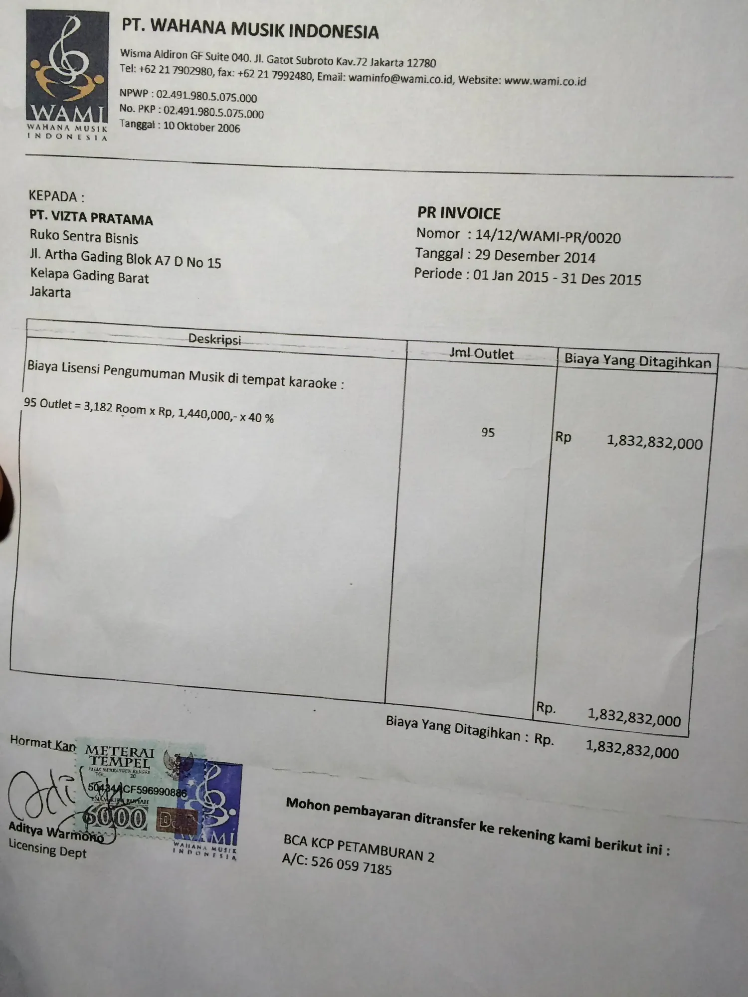 Bukti pembayaran royalti Inul Vizta kepada WAMI @foto: © KapanLagi.com/Nuzulur Rakhmah 