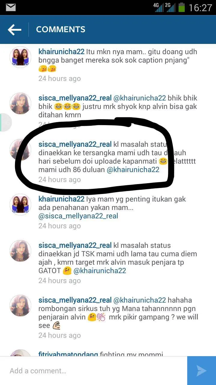 Pihak Bella Shofie mengendus adanya komentar yang mengindikasikan pihak AM memilih cara 86 (damai dengan polisi). ©caps: komentar @sisca_mellyana22_real di instagram