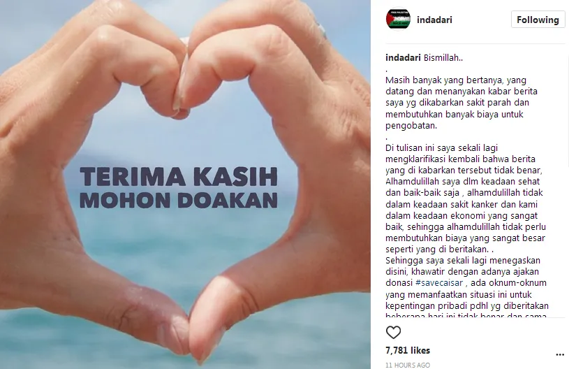 Curhatan Indadari untuk klarifikasi berita miring © Instagram/indadari