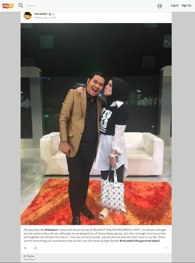 Indra Bekti posting masih tetap mesra dengan sang istri meski didera masalah. ©mig.me/indrabekti