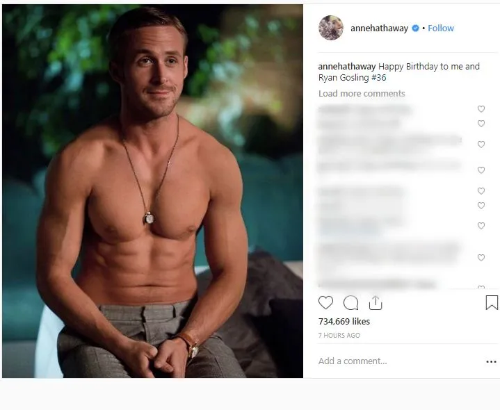 Unggahan Anne untuk Ryan Reynolds. (instagram.com/annehathaway 13/11/2018 16:50)