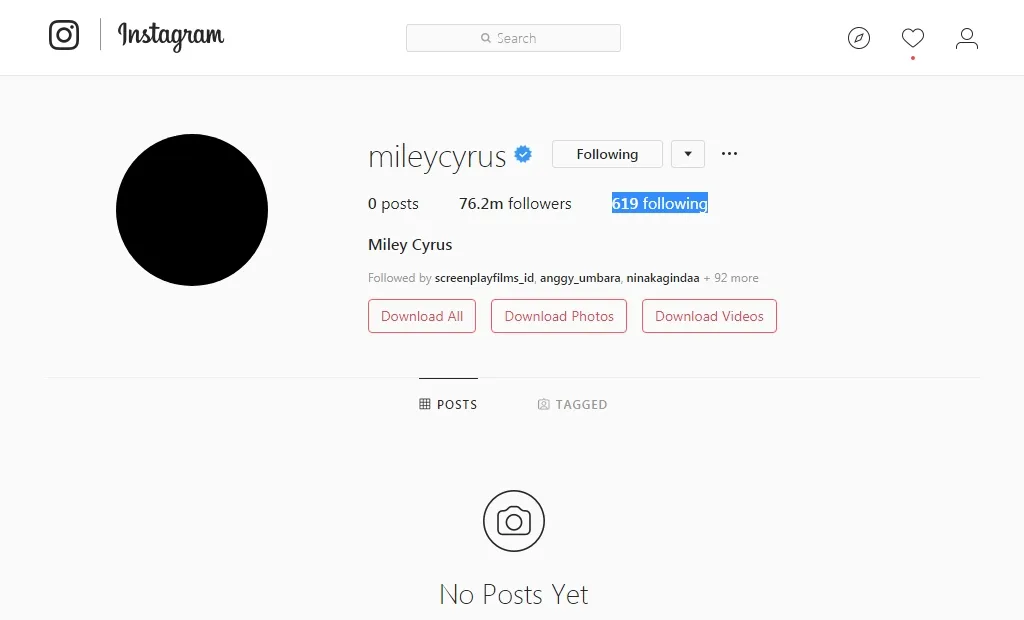 Seluruh unggahan Miley kini telah hilang. (instagram.com/mileycyrus)