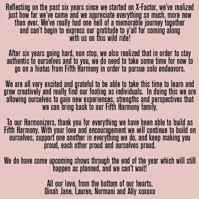 Pernyataan hiatus Fifth Harmony yang disambut sedih oleh para penggemar. © instagram.com/fifthharmony/