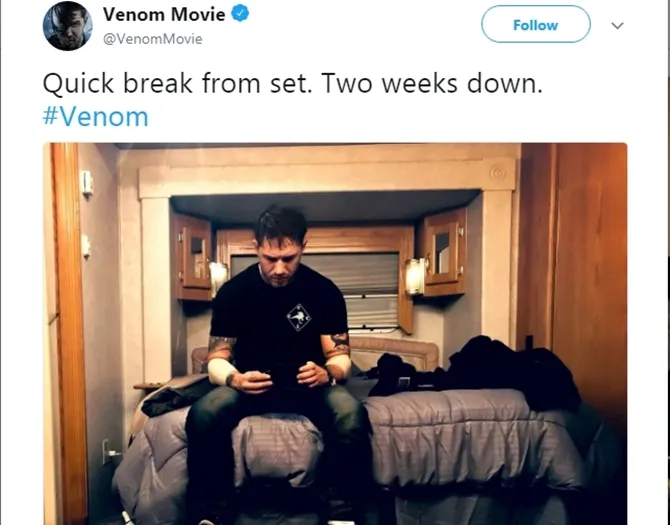 Tom Hardy aktif membagi sneakpeek sejak terpilih membintangi Venom pada Mei 2017. (Cr: Venom Movie Twitter)