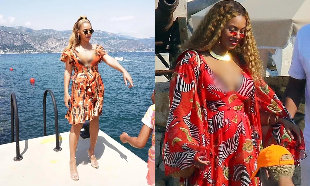 Unggahan Bey di instagram (ki) dan foto paparazi (ka) yang menunjukkan perut buncitnya. (instagram.com/beyonce, BACKGRID via dailymail.com)